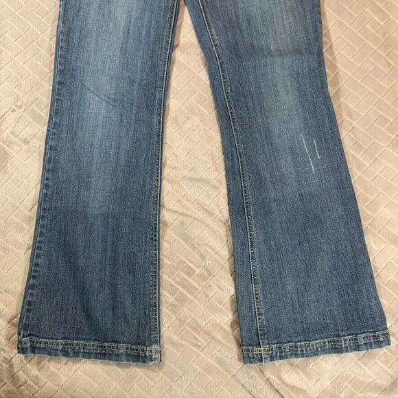 Leo Roma Women 9 Denim Jeans Blue Flare Low Rise Western Y2K Embroidered Pockets - Picture 3 of 12